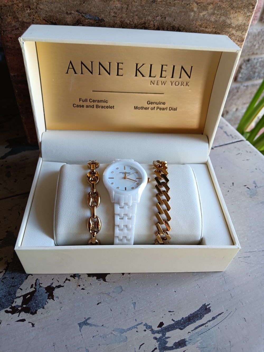 Anne Klein New York White Ceramic W/ Two SS Gold tone Bracelets New